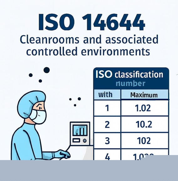 클린룸 (Cleanroom): 공기 중 입자 농도를 일정 수준 이하로 유지하도록 설계 및 관리되는 공간입니다. 반도체, 제약, 의료기기, 우주항공 등 미세 오염에 민감한 산업에서 필수적으로 사용됩니다.  공기 청정도 등급 (Air Cleanliness Classification): ISO 14644의 핵심으로, 공기 1세제곱미터(m  3  )당 허용되는 특정 크기(예: 0.1μm, 0.5μm, 5μm) 이상의 입자 수에 따라 클린룸의 청정도를 ISO 1부터 ISO 9까지 9단계로 분류합니다. 숫자가 낮을수록 더 높은 청정도를 의미합니다.  입자 농도 (Particle Concentration): 클린룸의 청정도를 측정하는 주요 지표입니다. 공기 중 부유 입자의 수를 측정하며, 주로 **광 산란 공기 중 입자 계수기(LSAPC)**를 사용해 측정합니다.  모니터링 (Monitoring): 클린룸의 성능을 지속적으로 확인하기 위한 절차입니다. 입자 농도, 온도, 습도, 압력차 등 중요한 매개변수를 주기적으로 측정하고, 기준을 벗어날 경우 경보 시스템을 통해 조치를 취하도록 규정합니다.  시험 방법 (Test Methods): 클린룸이 설계된 청정도 등급을 만족하는지 확인하기 위한 다양한 시험 방법들을 다룹니다. 공기 입자 수 측정 외에도, 공기 차압 시험, 기류 시험, 기류 방향 및 가시화 시험 등이 포함됩니다.  상태 분류 (Operational States): 클린룸의 성능은 세 가지 상태에서 평가됩니다:  구축된 상태 (As-built): 공사가 완료된 상태로, 장비가 아직 설치되지 않았거나 가동 준비가 되지 않은 상태입니다.  정지 상태 (At-rest): 장비는 설치되었지만, 인력이나 생산 작업이 없는 상태입니다.  작동 중 상태 (Operational): 인력과 장비가 모두 정상적으로 작동하며 생산 활동이 이루어지는 상태입니다.